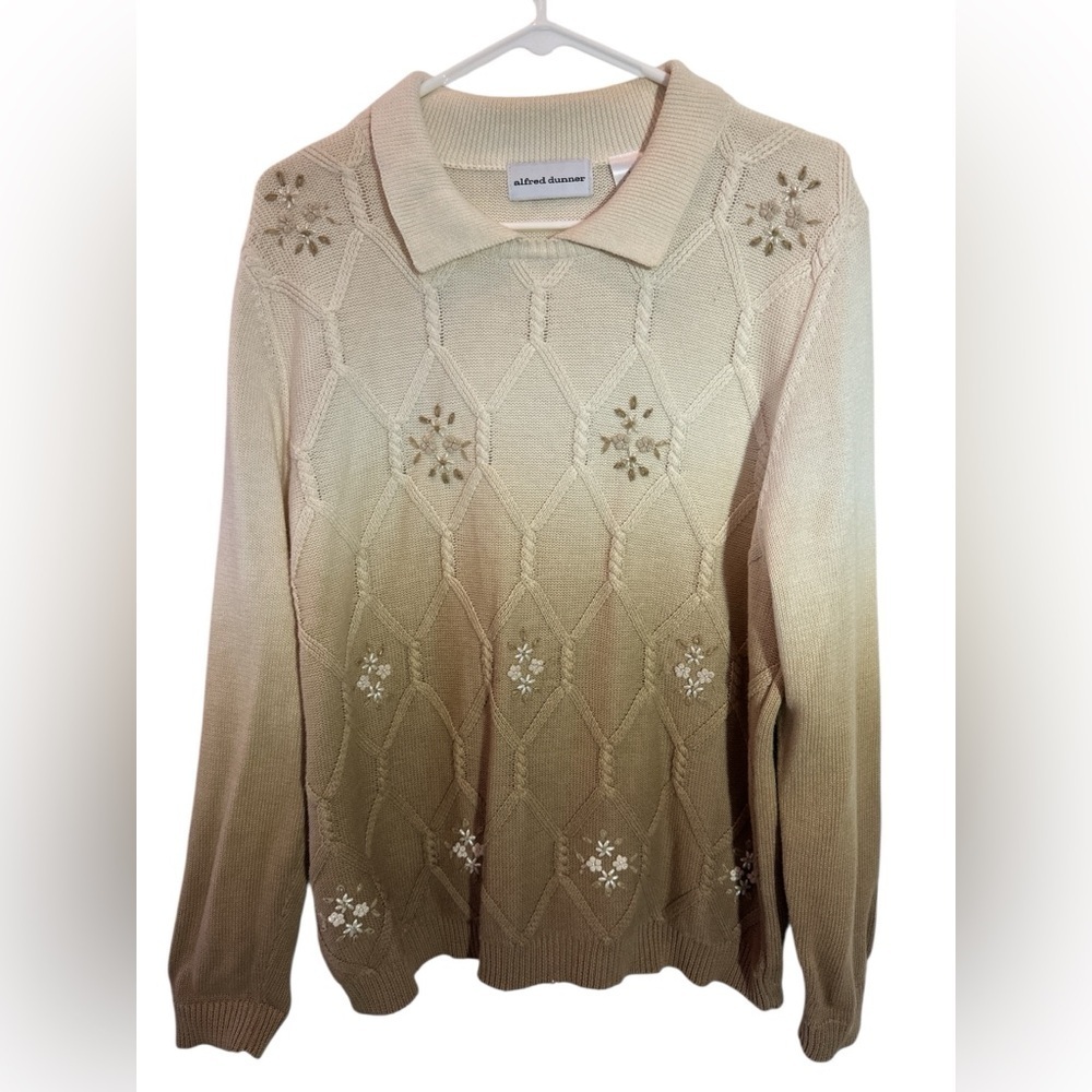 Vtg 90s Alfred Dunner Beaded Embroidery Collar Ombré Ivory Brown Sweater Size Lg